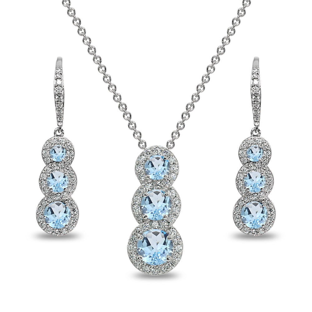 Sterling Silver Blue Topaz Journey Halo Three-Stone Leverback Earrings & Slide Necklace Set
