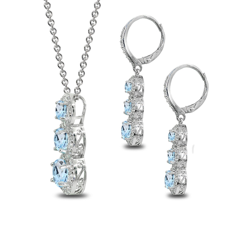 Sterling Silver Blue Topaz Journey Halo Three-Stone Leverback Earrings & Slide Necklace Set