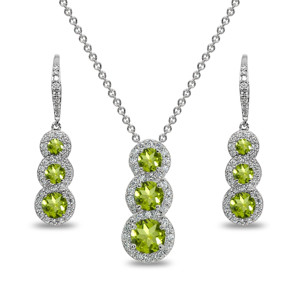 Sterling Silver Peridot Journey Halo Three-Stone Leverback Earrings & Slide Necklace Set