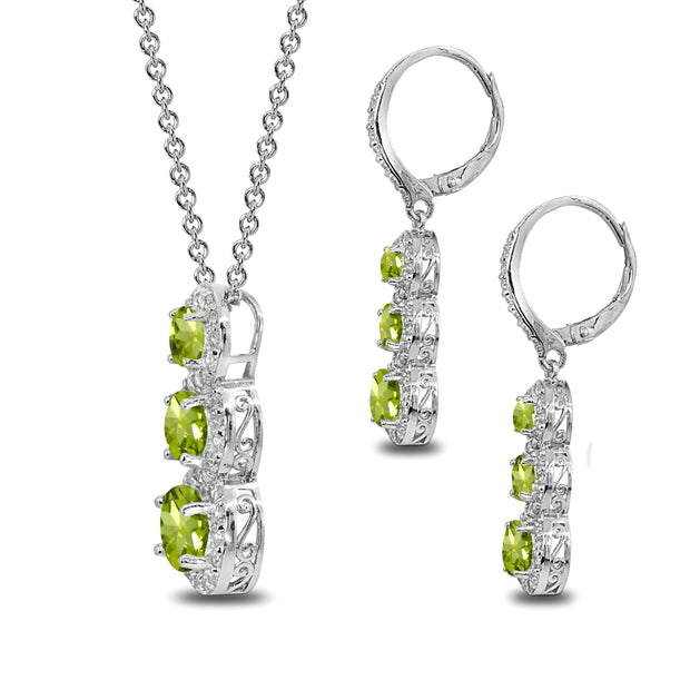 Sterling Silver Peridot Journey Halo Three-Stone Leverback Earrings & Slide Necklace Set