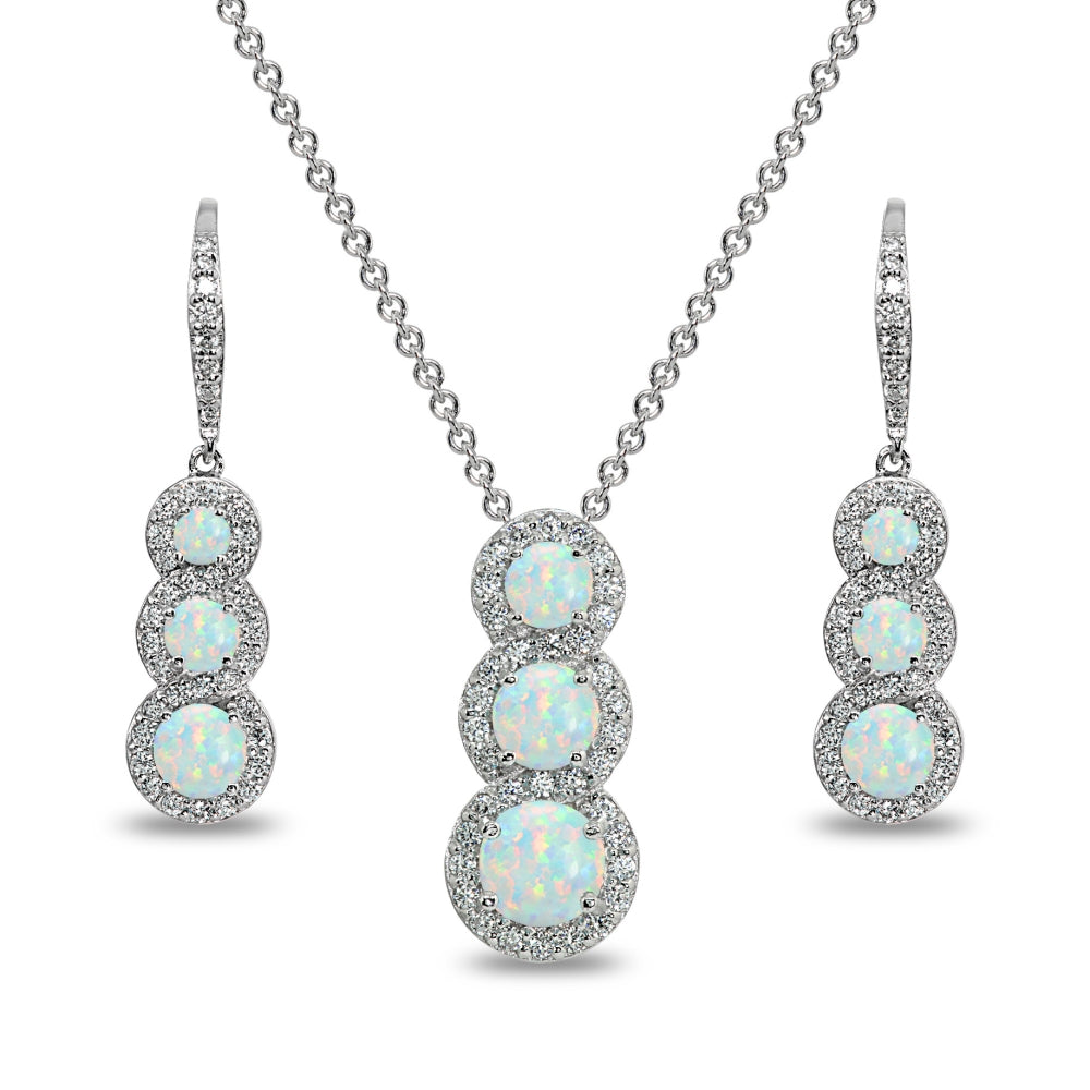 Sterling Silver Created White Opal Journey Halo Three-Stone Leverback Earrings & Slide Necklace Set