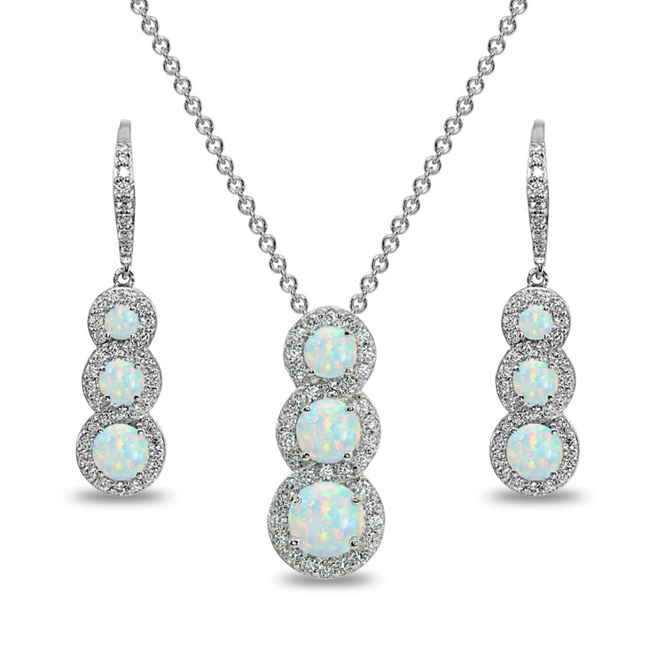 Sterling Silver Created White Opal Journey Halo Three-Stone Leverback Earrings & Slide Necklace Set