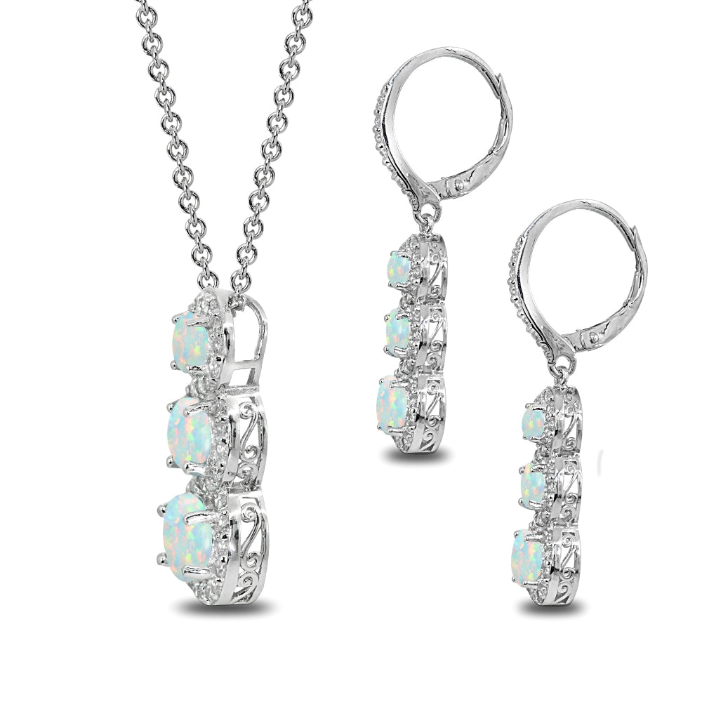 Sterling Silver Created White Opal Journey Halo Three-Stone Leverback Earrings & Slide Necklace Set-2