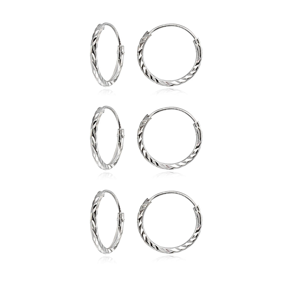 3 Pair Set Sterling Silver Diamond-Cut Tiny Small Endless 12mm Thin Round Unisex Hoop Earrings