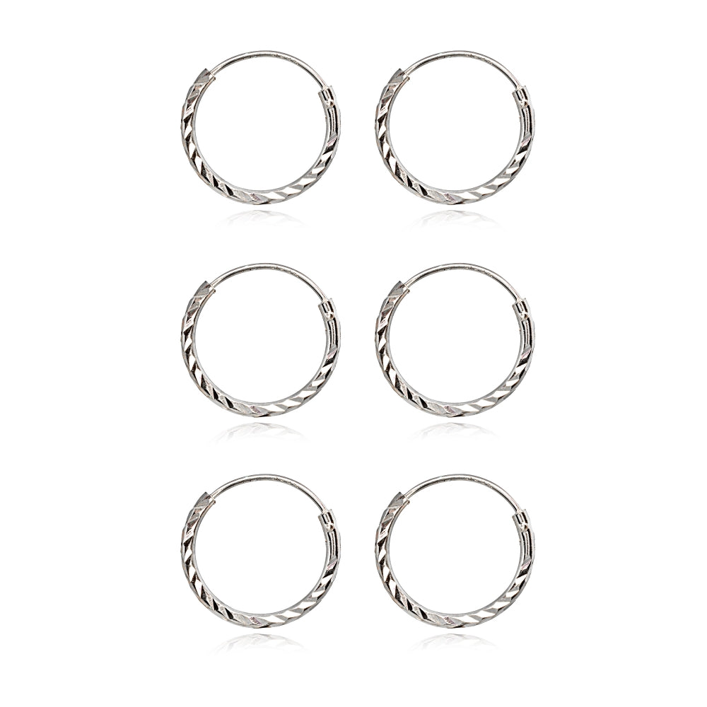 3 Pair Set Sterling Silver Diamond-Cut Tiny Small Endless 12mm Thin Round Unisex Hoop Earrings-2