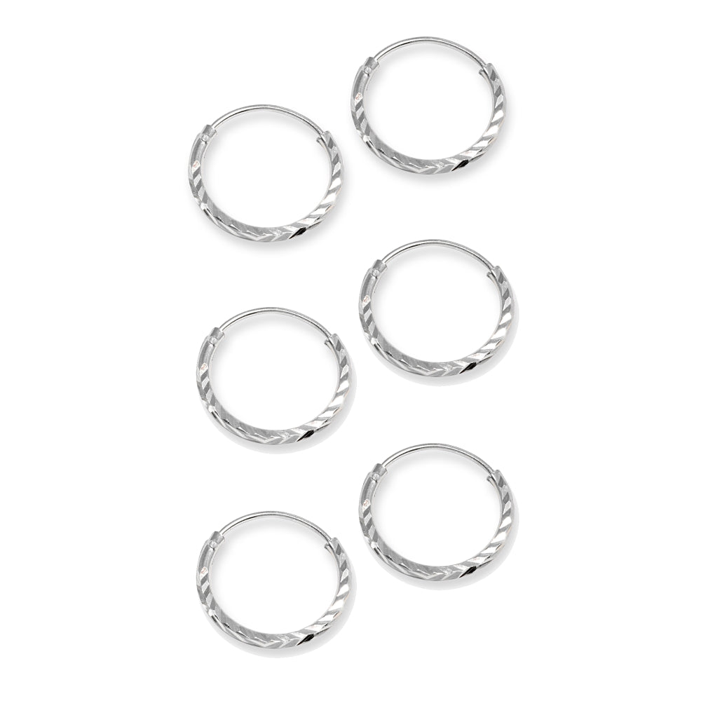 3 Pair Set Sterling Silver Diamond-Cut Tiny Small Endless 12mm Thin Round Unisex Hoop Earrings-3