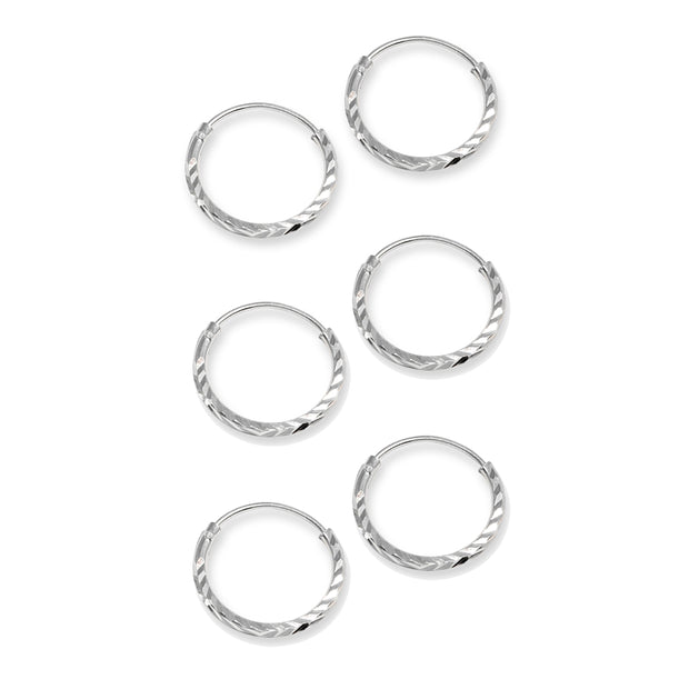 3 Pair Set Sterling Silver Diamond-Cut Tiny Small Endless 12mm Thin Round Unisex Hoop Earrings