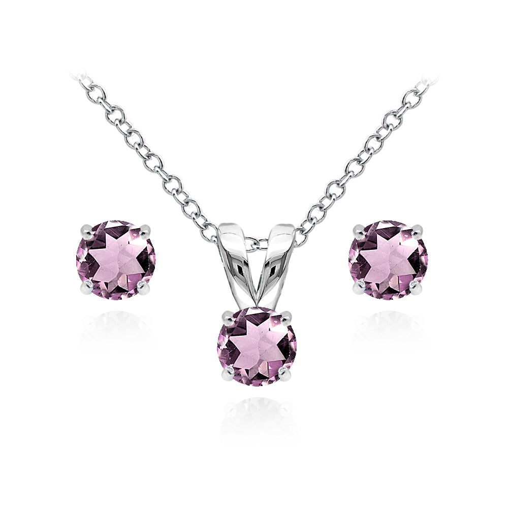 Sterling Silver Created Alexandrite 5mm Round Solitaire Pendant Necklace and Stud Earrings Set