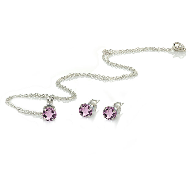 Sterling Silver Created Alexandrite 5mm Round Solitaire Pendant Necklace and Stud Earrings Set