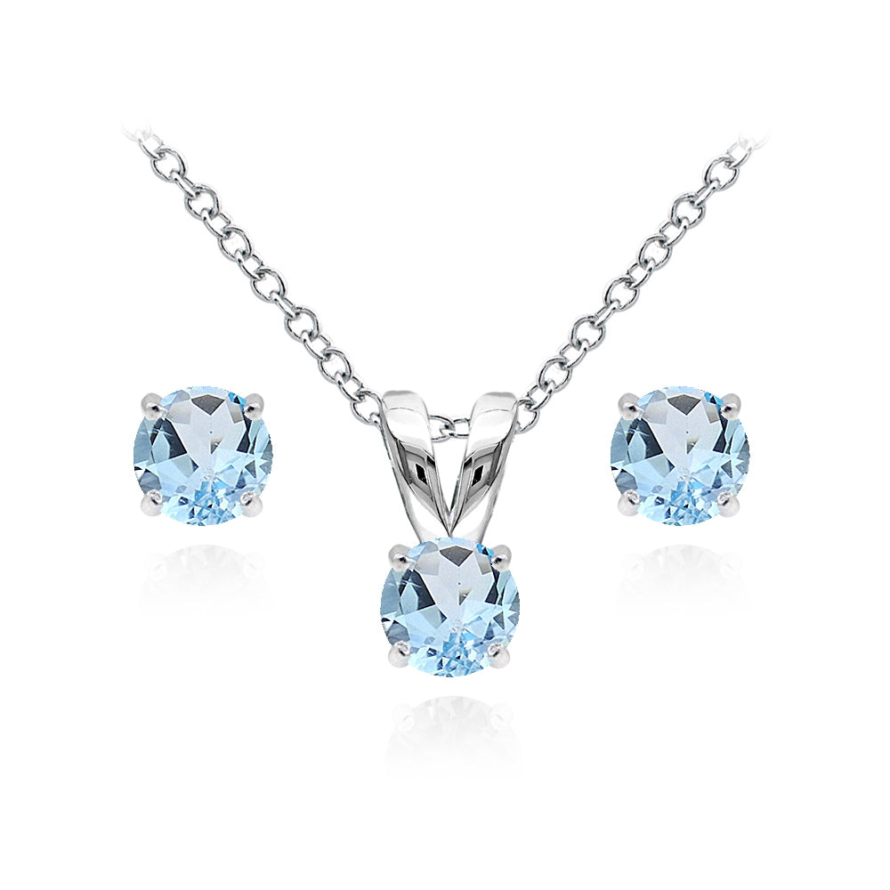 Sterling Silver Blue Topaz 5mm Round Solitaire Pendant Necklace and Stud Earrings Set