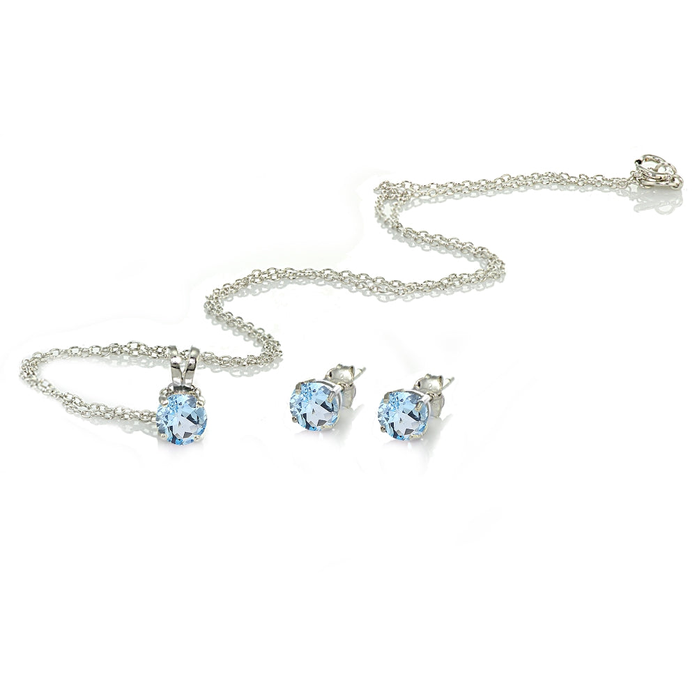 Sterling Silver Blue Topaz 5mm Round Solitaire Pendant Necklace and Stud Earrings Set-2