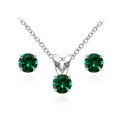 Sterling Silver Simulated Emerald 5mm Round Solitaire Pendant Necklace and Stud Earrings Set