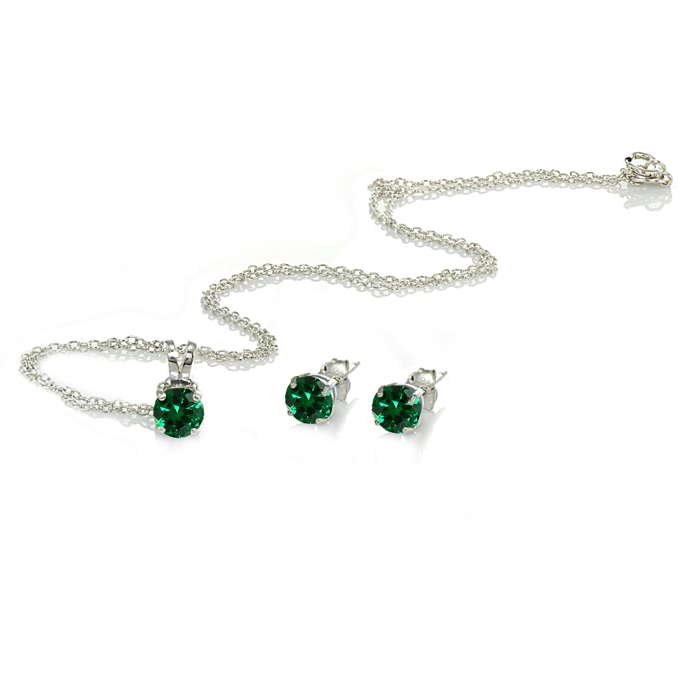 Sterling Silver Simulated Emerald 5mm Round Solitaire Pendant Necklace and Stud Earrings Set-2