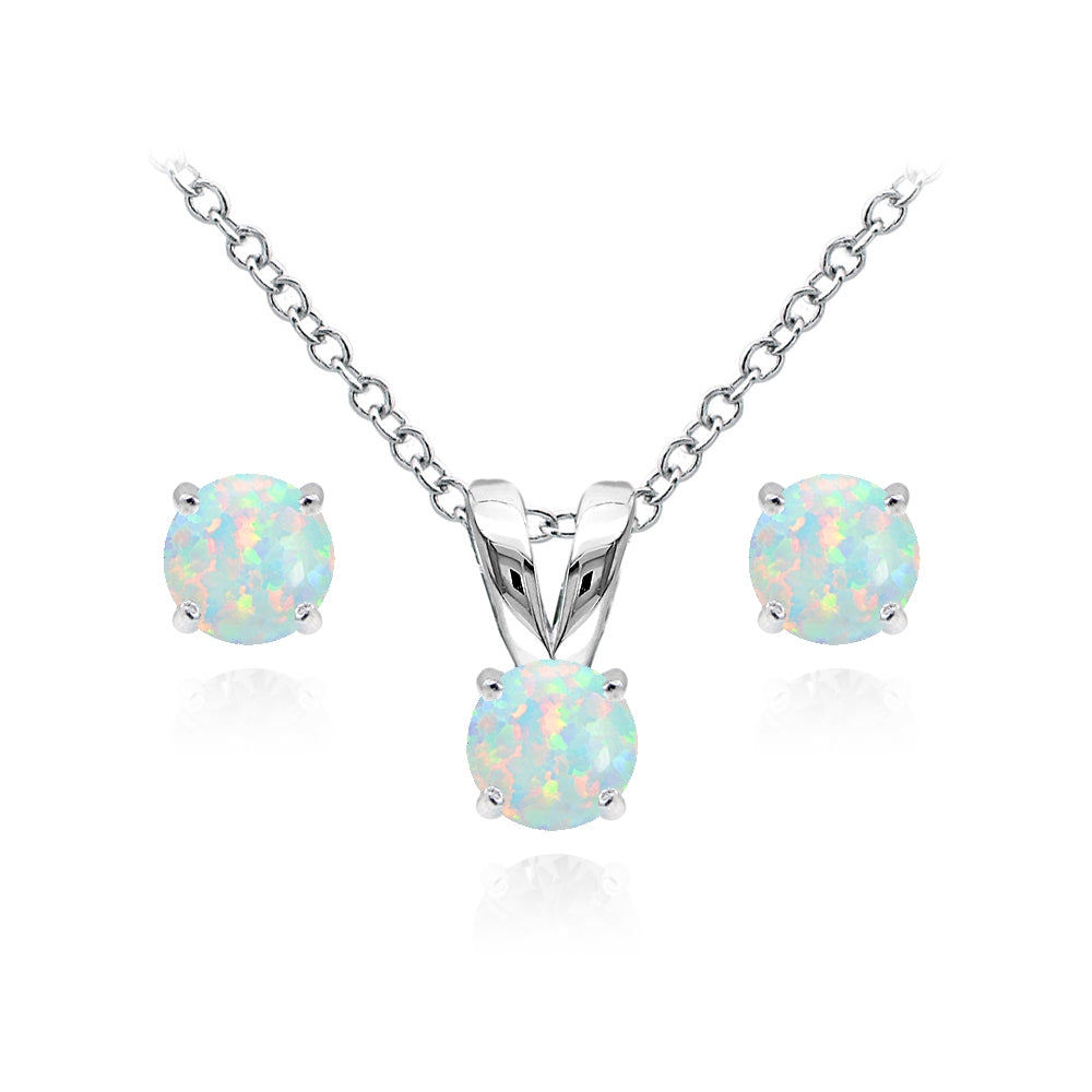 Sterling Silver Created White Opal 5mm Round Solitaire Pendant Necklace and Stud Earrings Set