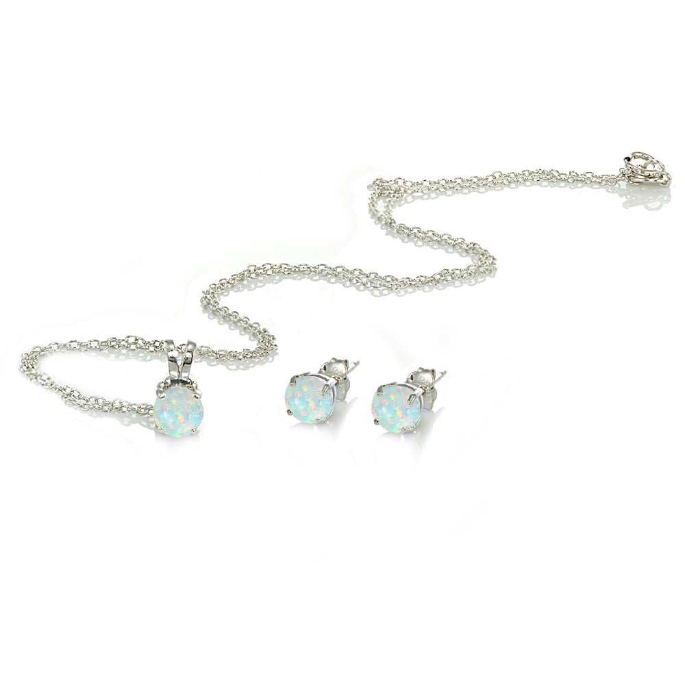Sterling Silver Created White Opal 5mm Round Solitaire Pendant Necklace and Stud Earrings Set-2