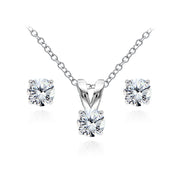 Sterling Silver Cubic Zirconia 5mm Round Solitaire Pendant Necklace and Stud Earrings Set