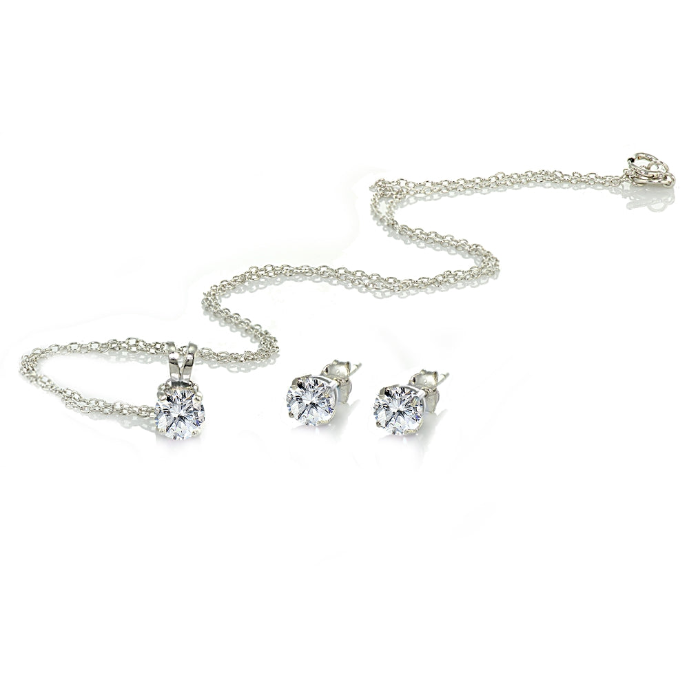 Sterling Silver Cubic Zirconia 5mm Round Solitaire Pendant Necklace and Stud Earrings Set-2