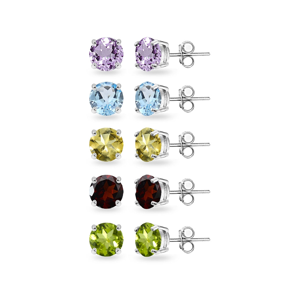 5-Pair Set Sterling Silver Amethyst, Blue Topaz, Citrine, Garnet and Peridot 4mm Round Stud Earrings