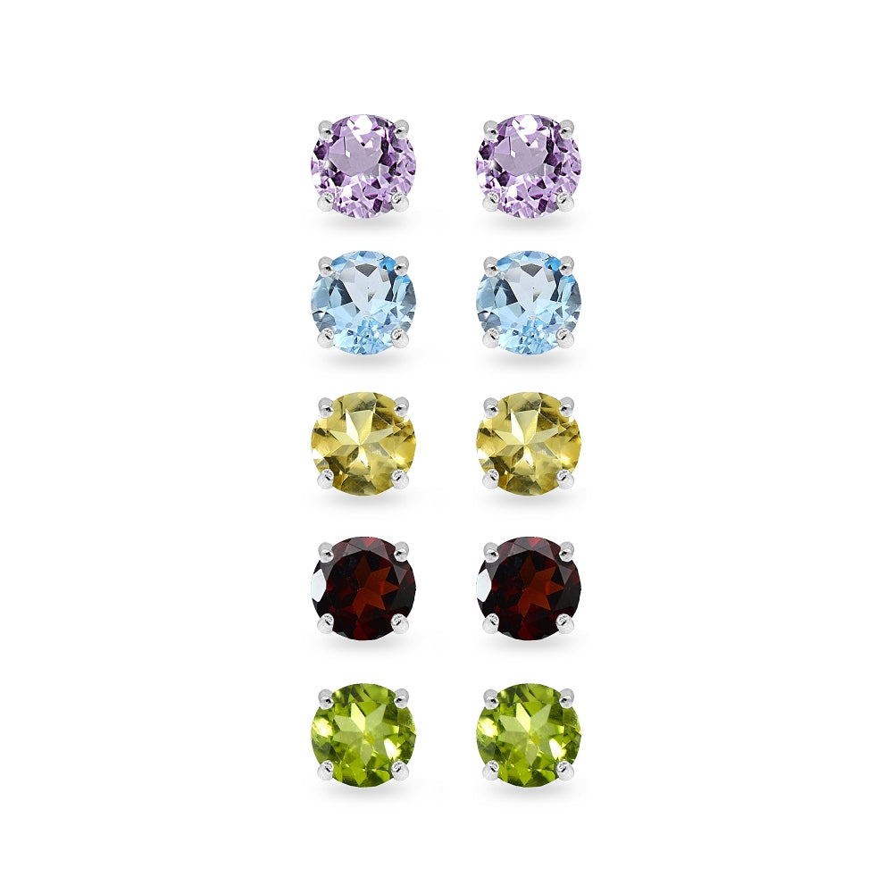 5-Pair Set Sterling Silver Amethyst, Blue Topaz, Citrine, Garnet and Peridot 4mm Round Stud Earrings-2