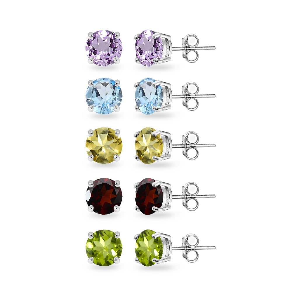 5-Pair Set Sterling Silver Amethyst, Blue Topaz, Citrine, Garnet and Peridot 6mm Round Stud Earrings