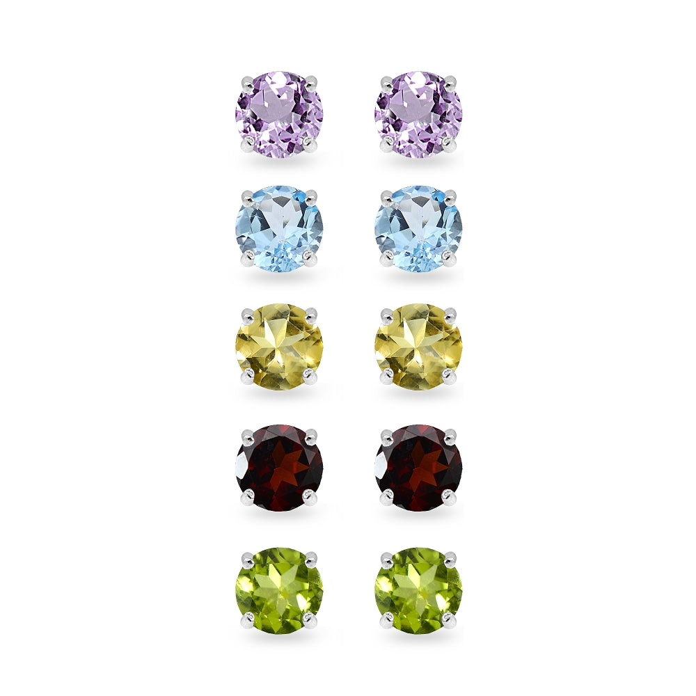 5-Pair Set Sterling Silver Amethyst, Blue Topaz, Citrine, Garnet and Peridot 6mm Round Stud Earrings-2
