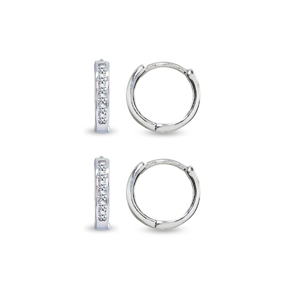 2 Pair Set Sterling Silver Tiny Small 13mm Channel-set Cubic Zirconia Round Huggie Hoop Earrings