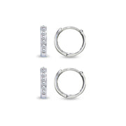 2 Pair Set Sterling Silver Tiny Small 13mm Channel-set Cubic Zirconia Round Huggie Hoop Earrings