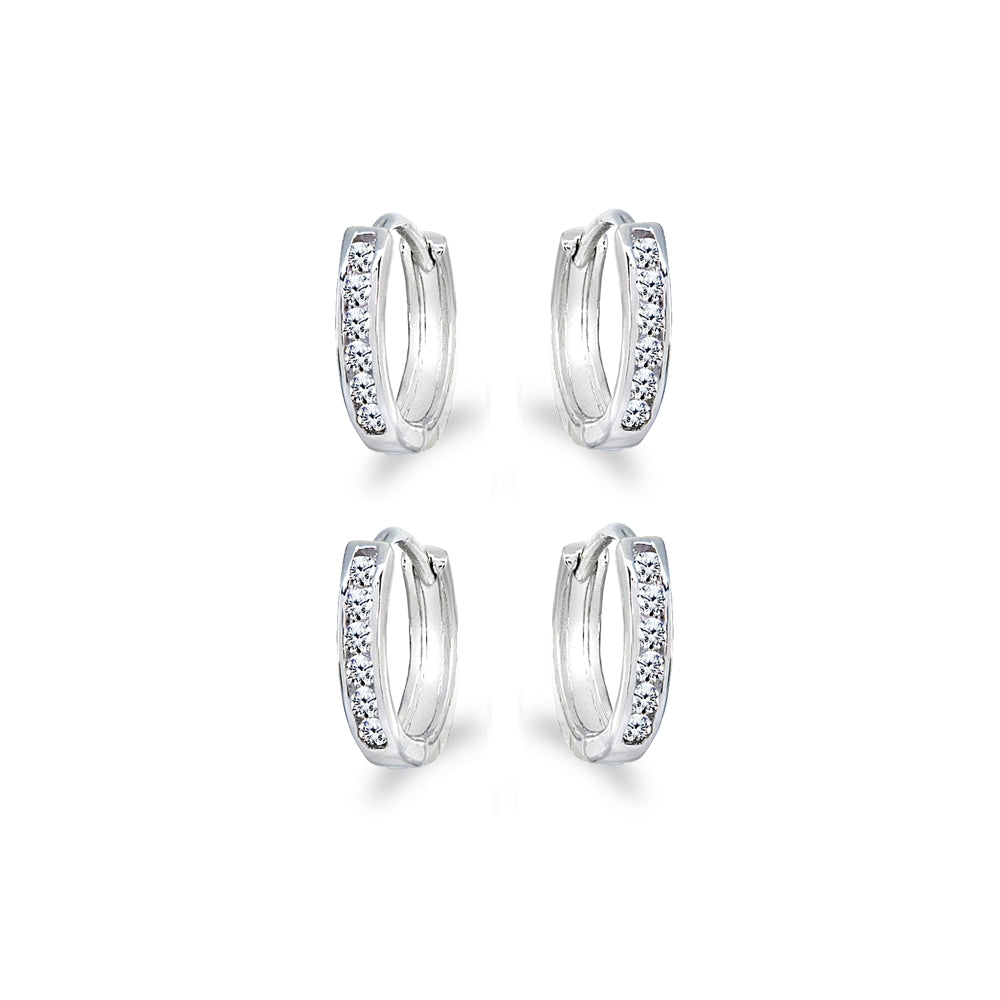 2 Pair Set Sterling Silver Tiny Small 13mm Channel-set Cubic Zirconia Round Huggie Hoop Earrings-2