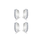2 Pair Set Sterling Silver Tiny Small 13mm Channel-set Cubic Zirconia Round Huggie Hoop Earrings