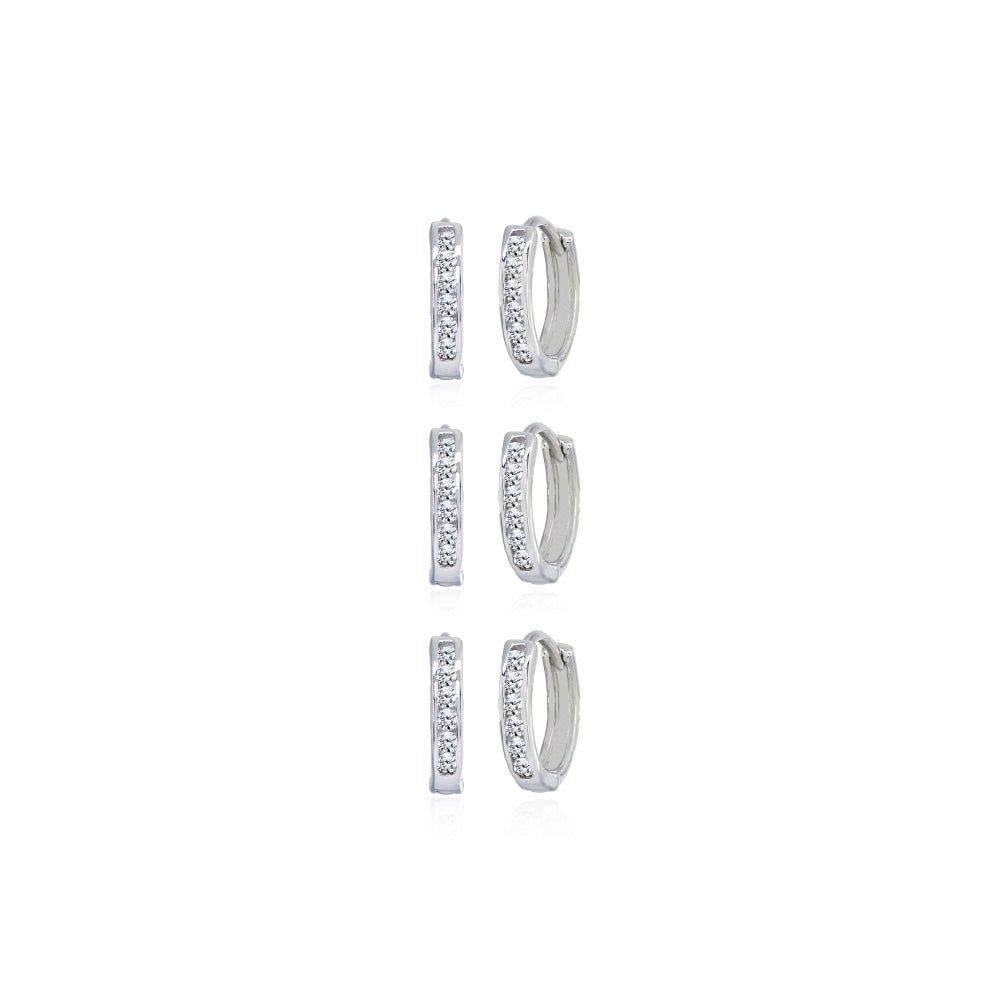 3 Pair Set Sterling Silver Tiny Small 13mm Channel-set Cubic Zirconia Round Huggie Hoop Earrings