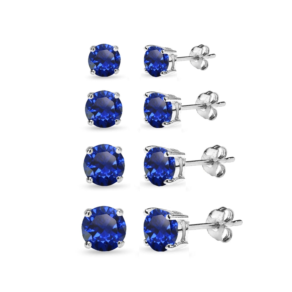 4 Pair Set Sterling Silver Created Blue Sapphire Round Stud Earrings, 3mm 4mm 5mm 6mm