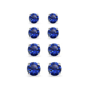 4 Pair Set Sterling Silver Created Blue Sapphire Round Stud Earrings, 3mm 4mm 5mm 6mm