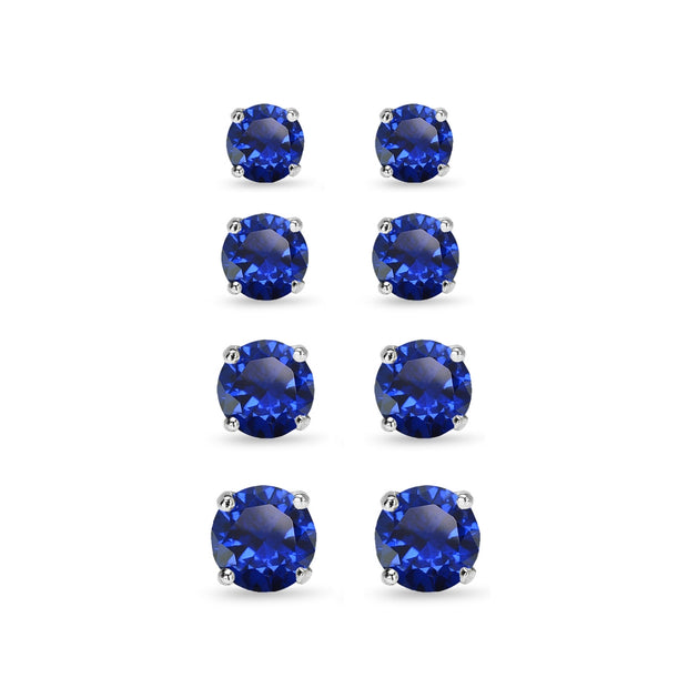 4 Pair Set Sterling Silver Created Blue Sapphire Round Stud Earrings, 3mm 4mm 5mm 6mm