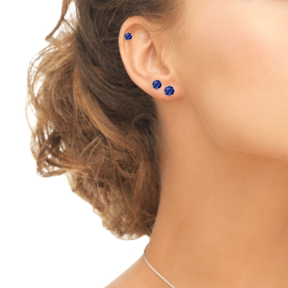 4 Pair Set Sterling Silver Created Blue Sapphire Round Stud Earrings, 3mm 4mm 5mm 6mm-3