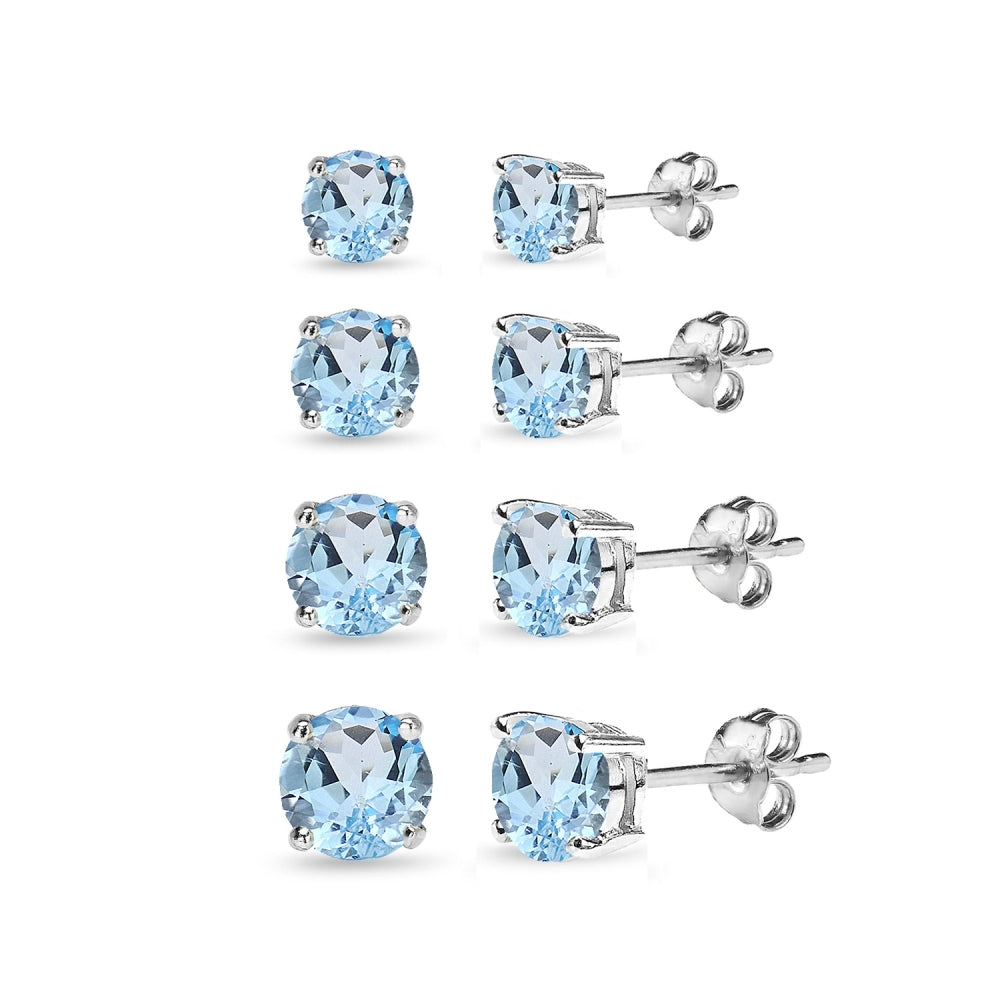 4 Pair Set Sterling Silver Blue Topaz Round Stud Earrings, 3mm 4mm 5mm 6mm
