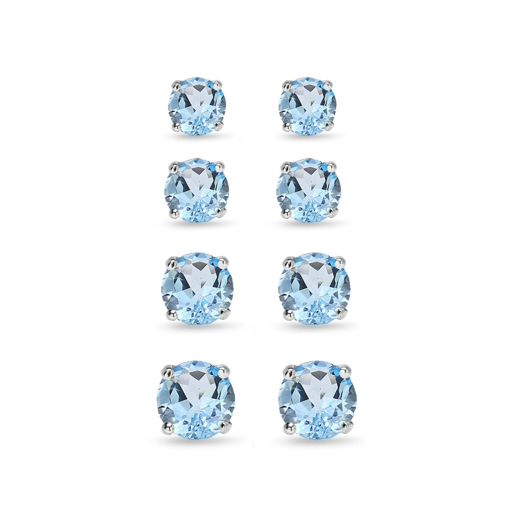 4 Pair Set Sterling Silver Blue Topaz Round Stud Earrings, 3mm 4mm 5mm 6mm-2