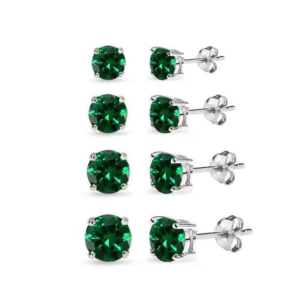 4 Pair Set Sterling Silver Simulated Emerald Round Stud Earrings, 3mm 4mm 5mm 6mm