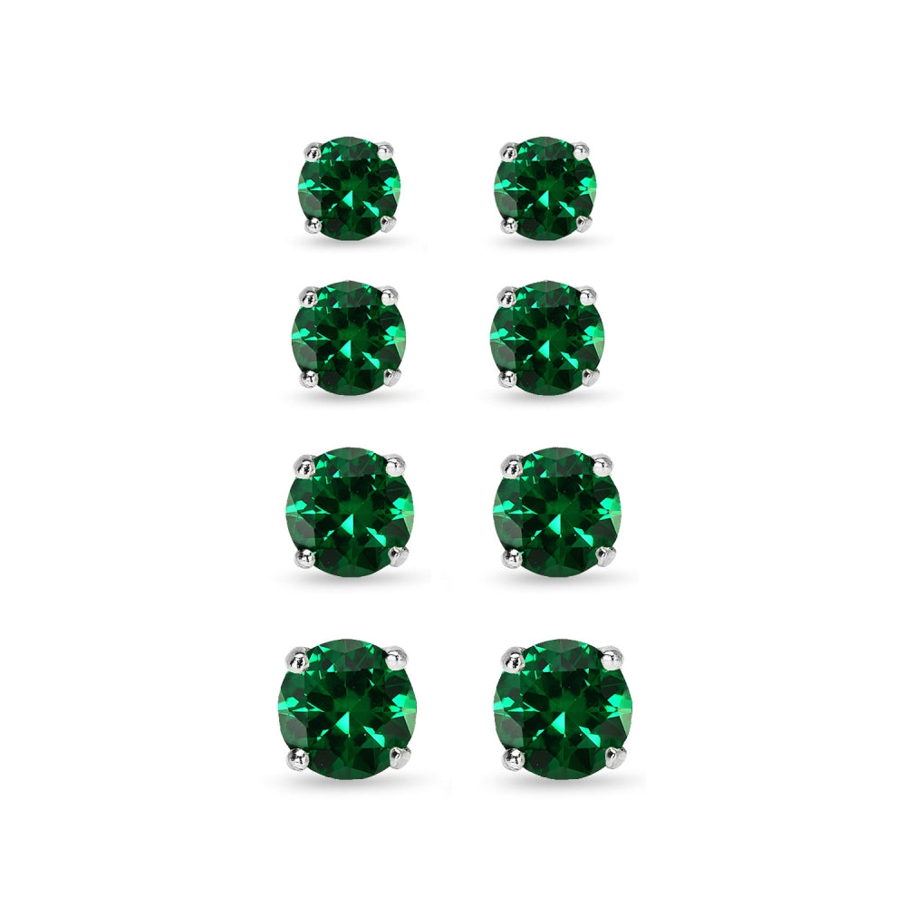 4 Pair Set Sterling Silver Simulated Emerald Round Stud Earrings, 3mm 4mm 5mm 6mm-2