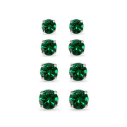 4 Pair Set Sterling Silver Simulated Emerald Round Stud Earrings, 3mm 4mm 5mm 6mm