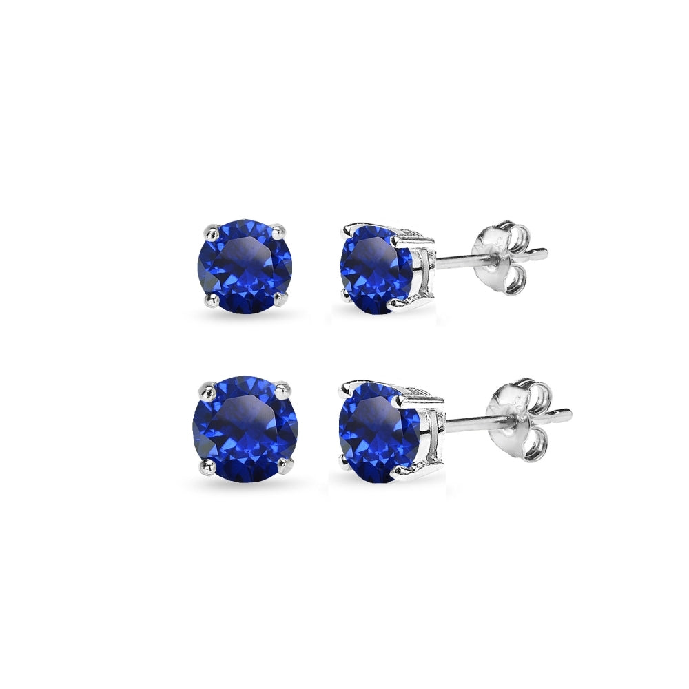 2 Pair Set Sterling Silver Created Blue Sapphire Round Stud Earrings, 4mm 6mm