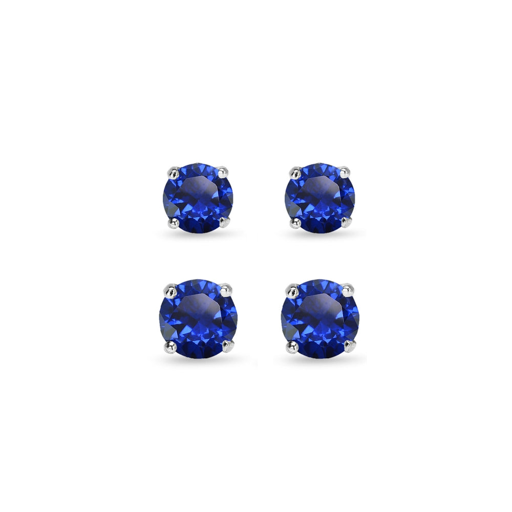 2 Pair Set Sterling Silver Created Blue Sapphire Round Stud Earrings, 4mm 6mm-2