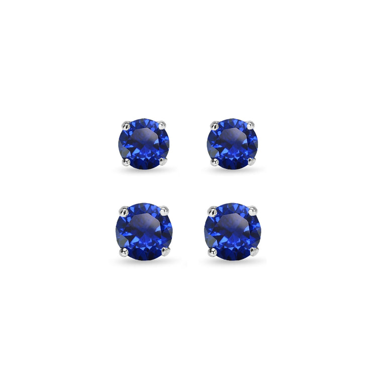 2 Pair Set Sterling Silver Created Blue Sapphire Round Stud Earrings, 4mm 6mm