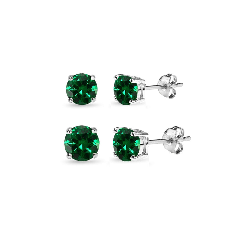 2 Pair Set Sterling Silver Simulated Emerald Round Stud Earrings, 4mm 6mm