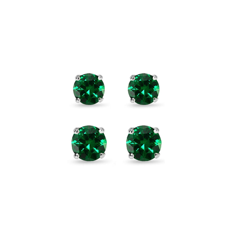 2 Pair Set Sterling Silver Simulated Emerald Round Stud Earrings, 4mm 6mm
