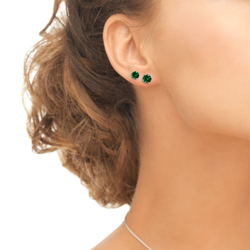 2 Pair Set Sterling Silver Simulated Emerald Round Stud Earrings, 4mm 6mm-3