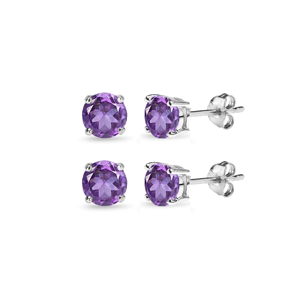 2 Pair Set Sterling Silver 6mm African Amethyst Round Stud Earrings