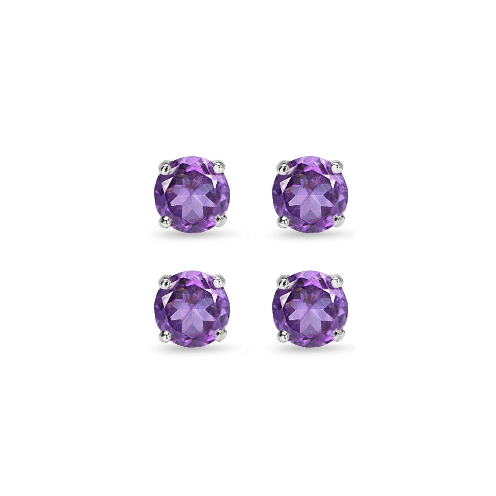 2 Pair Set Sterling Silver 6mm African Amethyst Round Stud Earrings-2