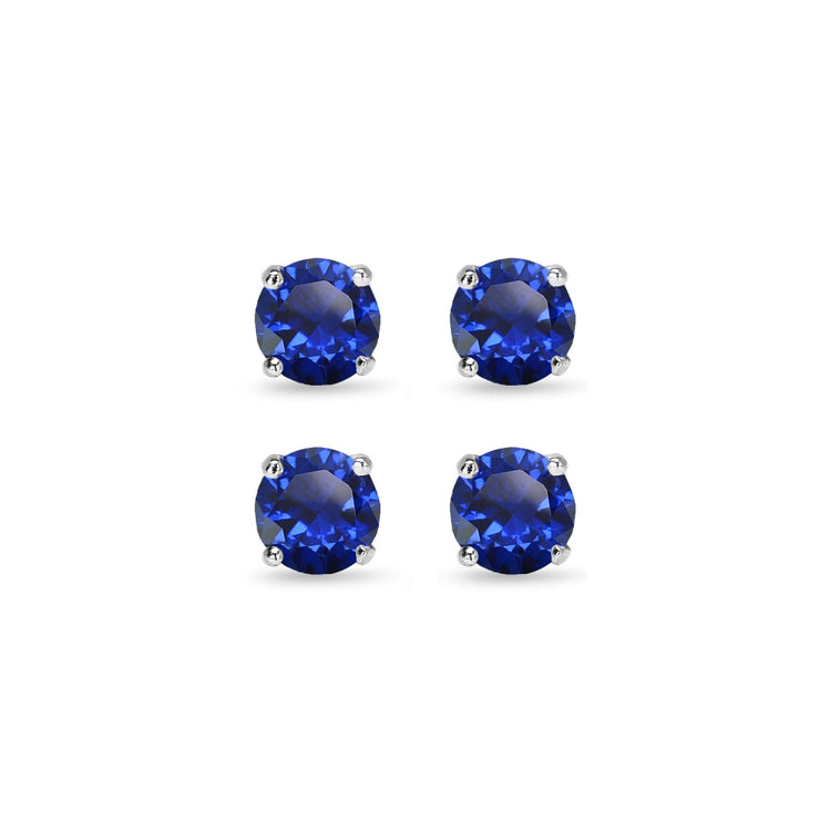 2 Pair Set Sterling Silver 6mm Created Blue Sapphire Round Stud Earrings
