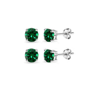 2 Pair Set Sterling Silver 6mm Simulated Emerald Round Stud Earrings