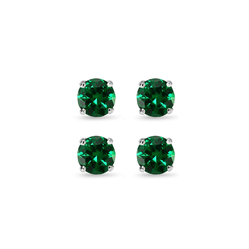 2 Pair Set Sterling Silver 6mm Simulated Emerald Round Stud Earrings-2